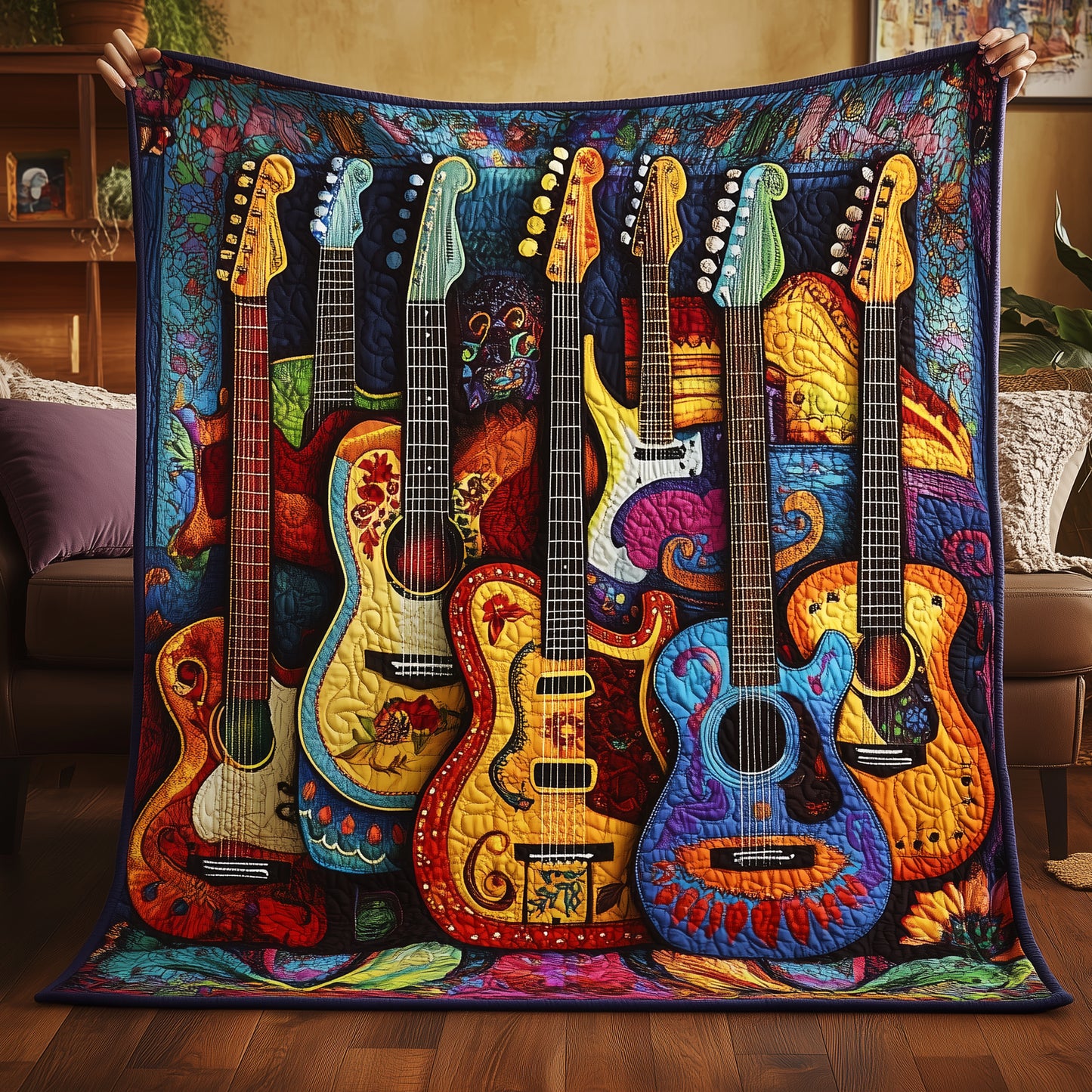 Bohemian Guitar Quilt, Dia De Los Muertos Throw