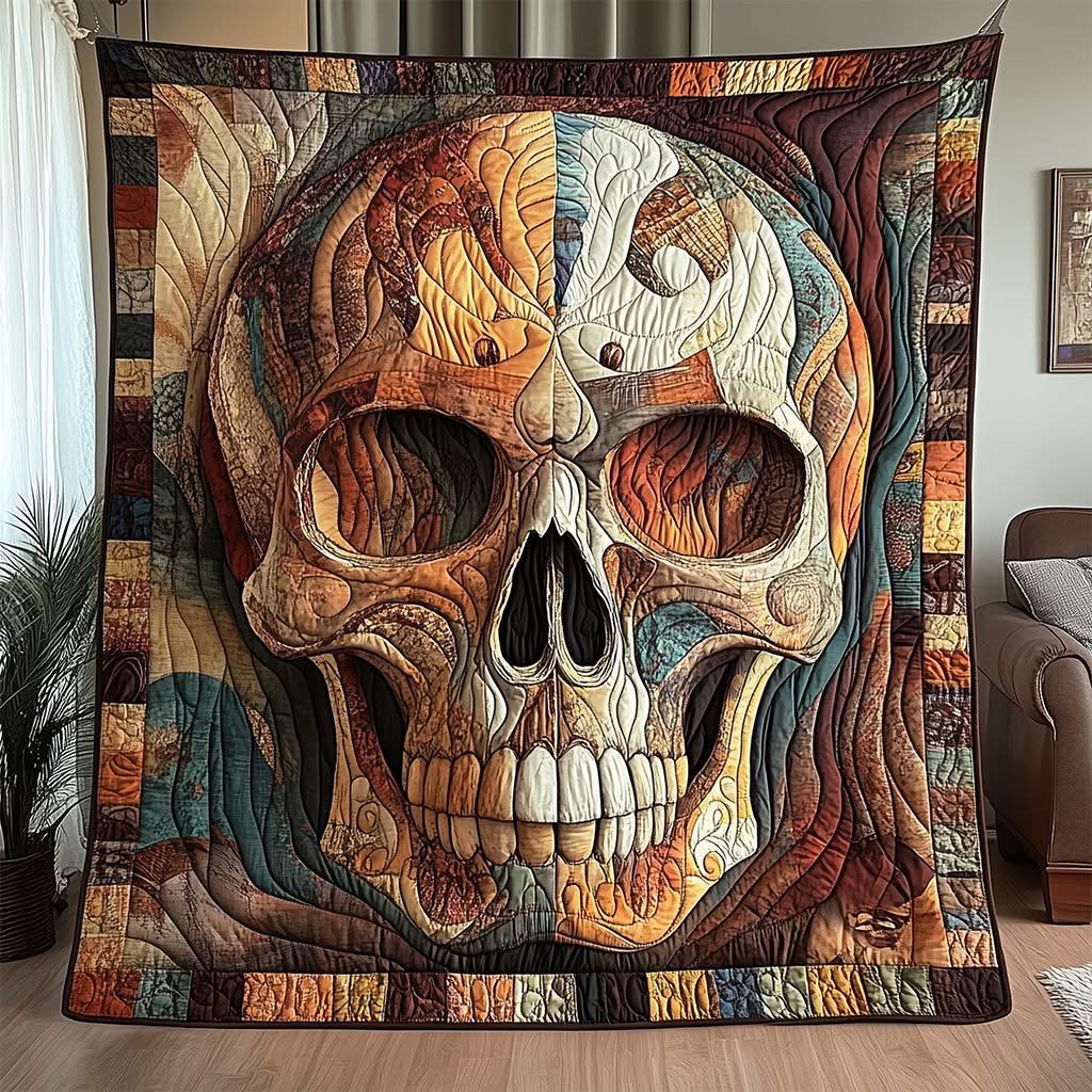 Skull Art Quilt, Patchwork Earth Tone Throw