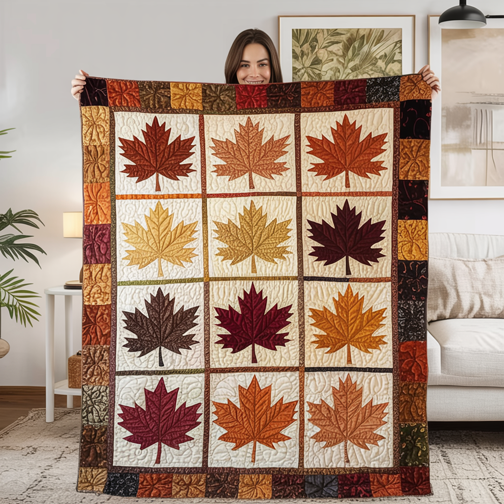 Maple Leaf Quilt, Autumn Fall Patchwork Blanket