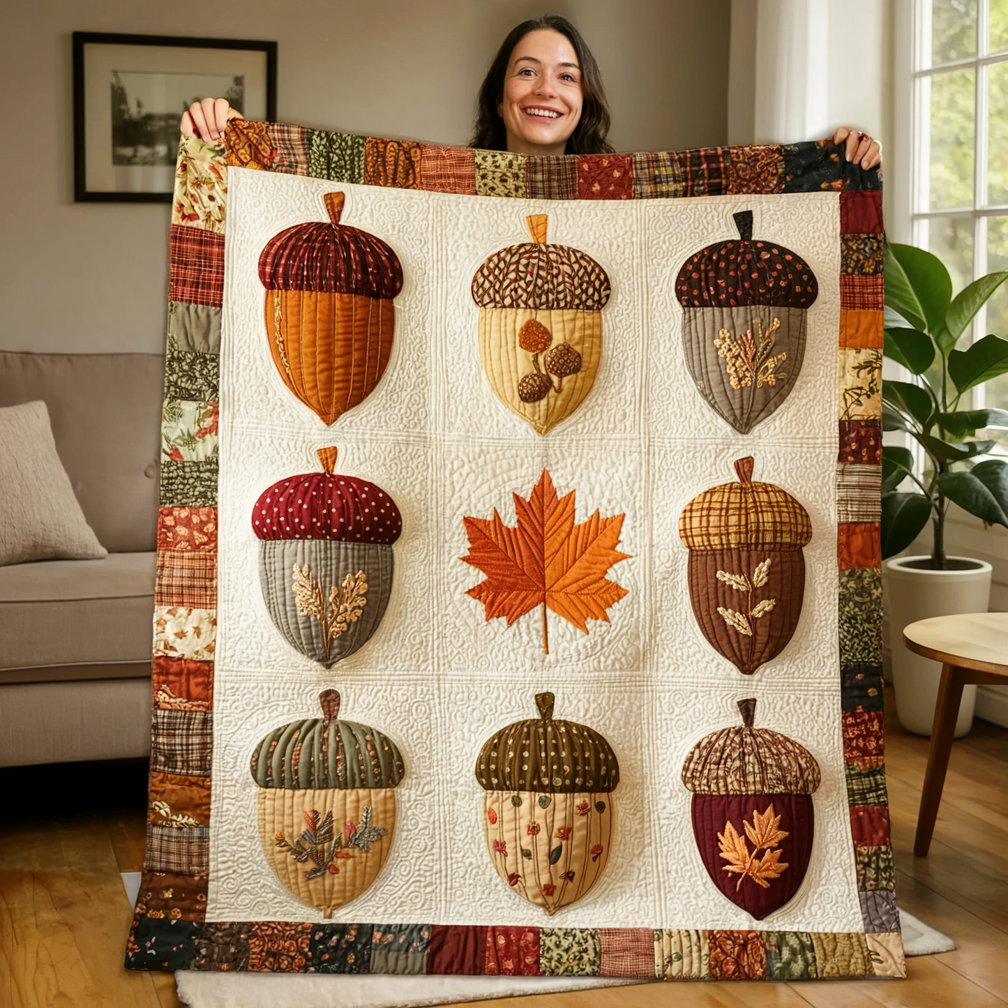 Autumn Acorn Quilt Blanket, Fall Leaf Patchwork Bed Throw