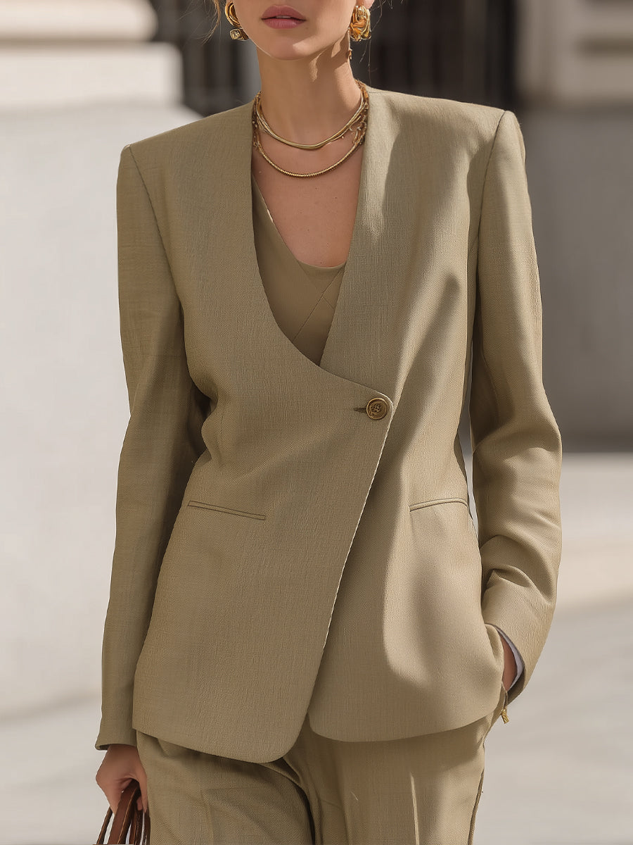 Asymmetric Button Blazer In Khaki