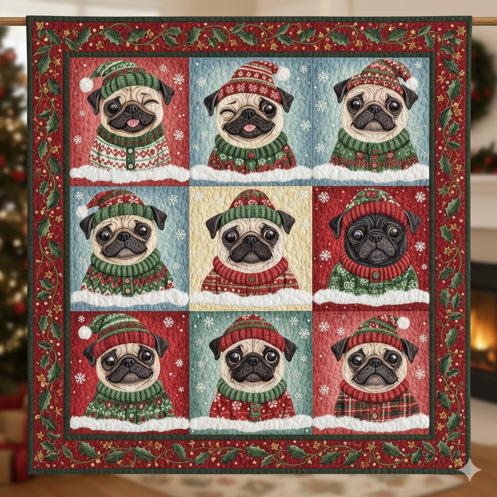 Christmas Pug Quilt, Ugly Sweater Dog Lover Holiday