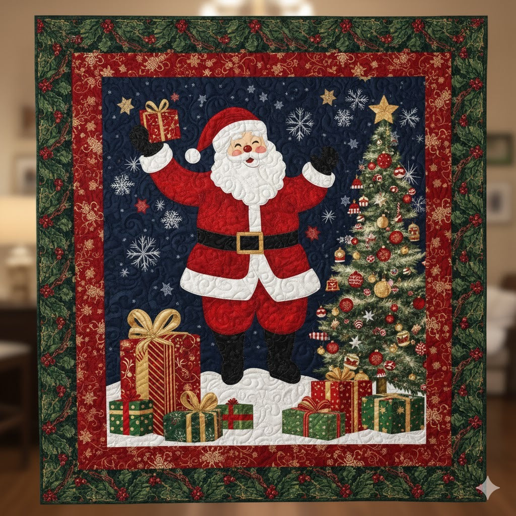 Santa Christmas Quilt, Holiday Tree Presents