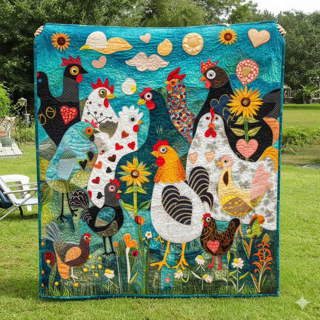 Colorful Chicken Quilt, Farmhouse Rooster Decor Gift