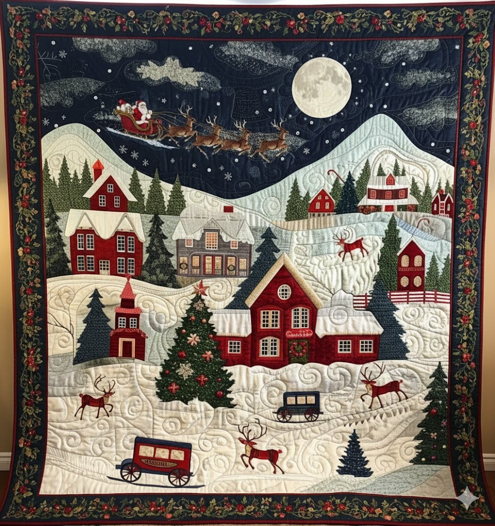 Christmas Village Quilt, Santa Sleigh Winter Night Decor