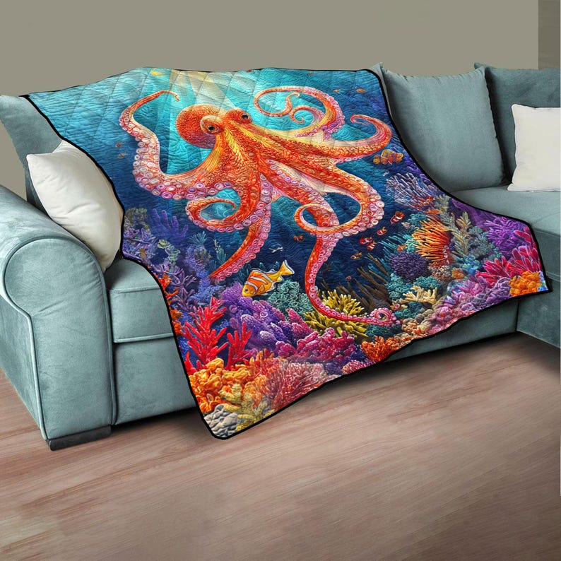 Octopus Quilt, Colorful Coral Reef Ocean Blanket