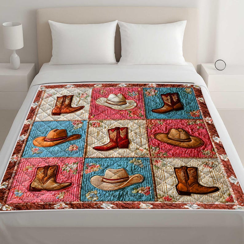 Cowboy Boots Hat Quilt, Western Floral Patchwork Decor