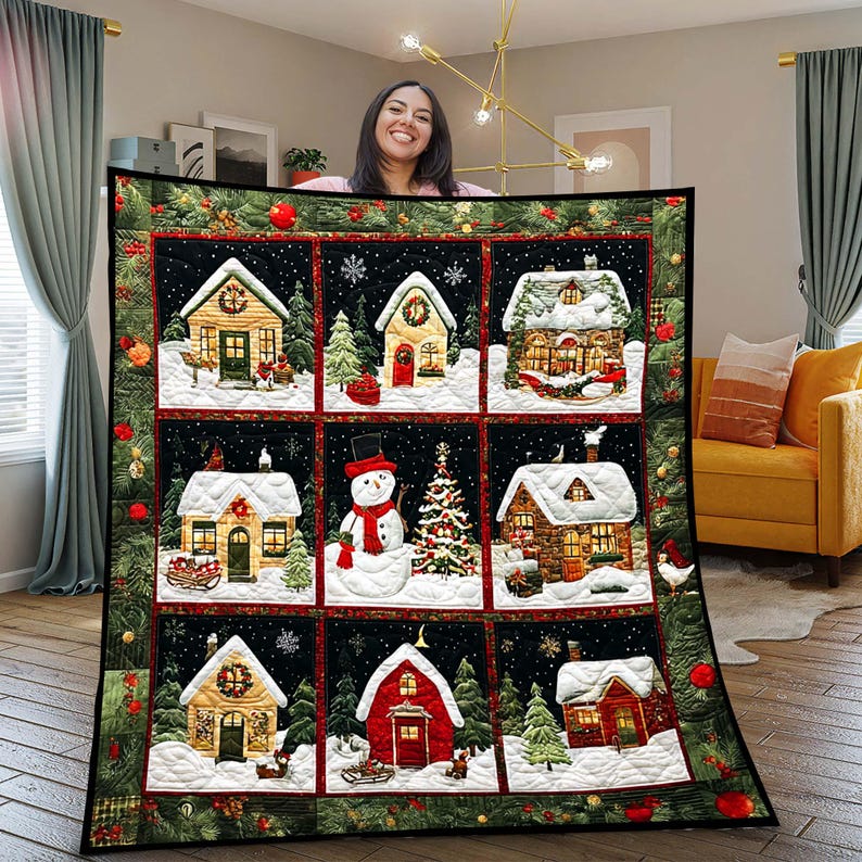 Christmas Village Quilt, Snowy House Holiday Decor