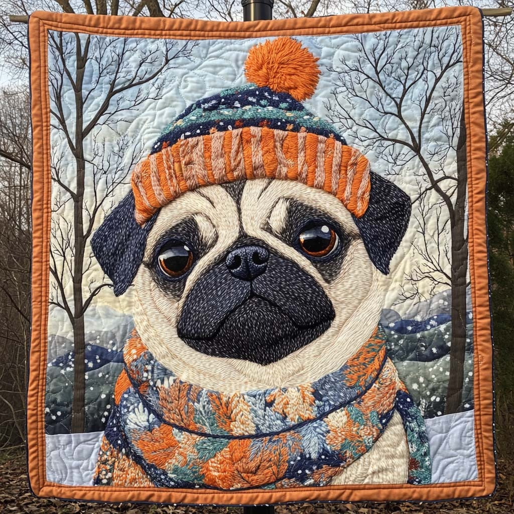 Pug Dog Quilt, Winter Knit Hat Scarf Dog