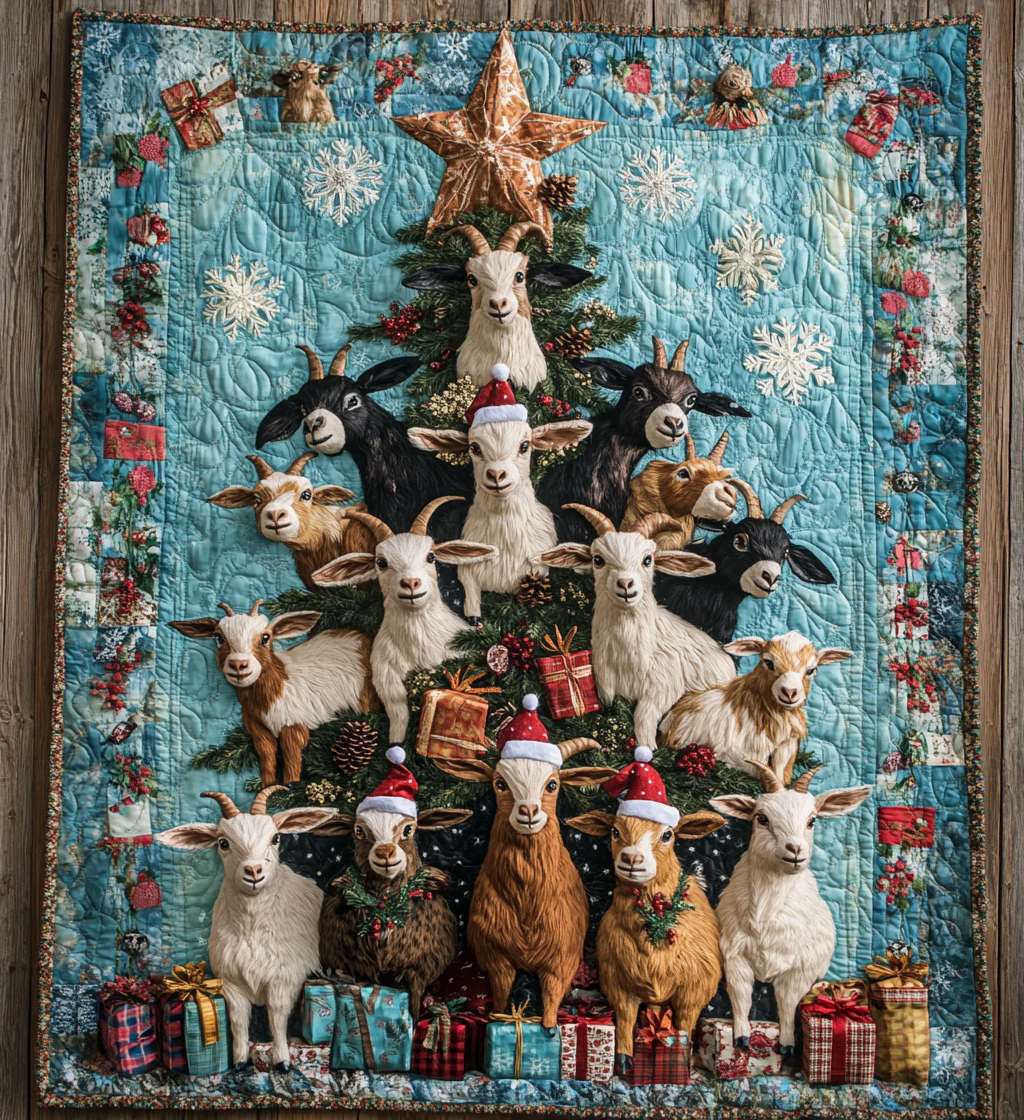 Christmas Goat Tree Quilt, Farm Animal Holiday