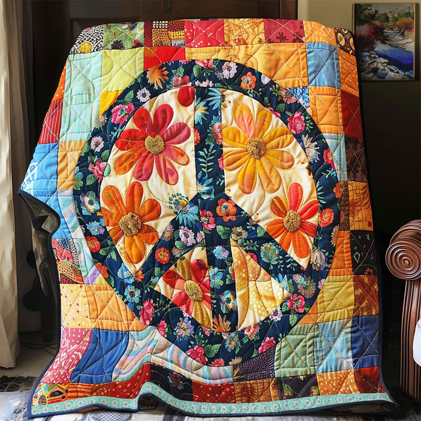 Peace Sign Quilt, Hippie Flower Patchwork