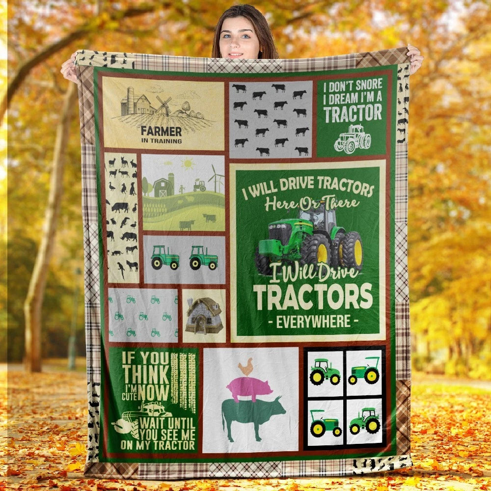 Tractor Farm Animals Green Blanket