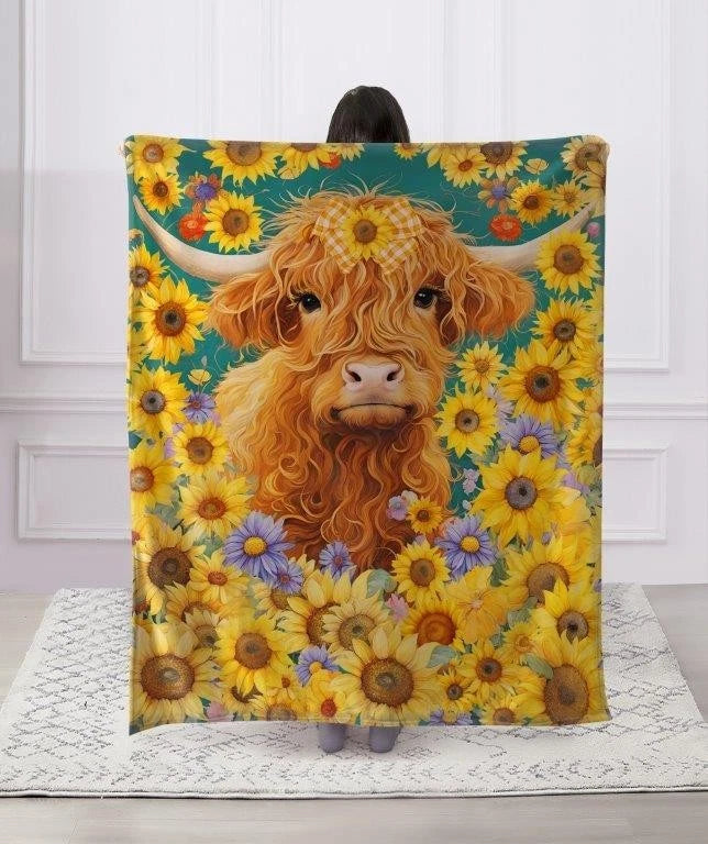 Highland Cow Sunflower Blanket Floral