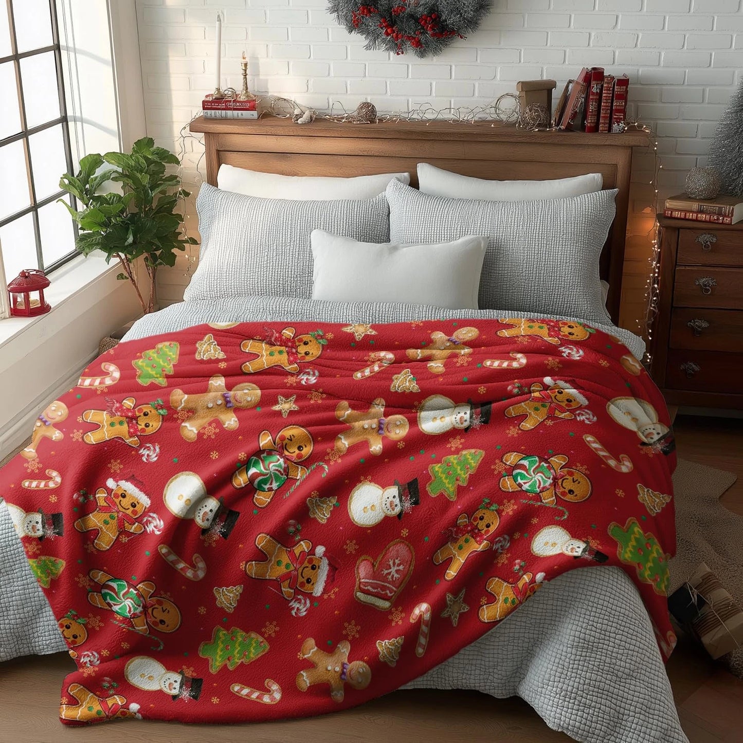 Christmas Flannel Blanket, Red Gingerbread Man Christmas