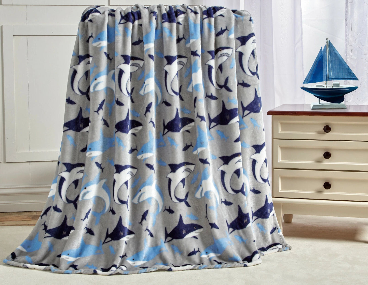 Gray Blue Shark Pattern Blanket For Kids