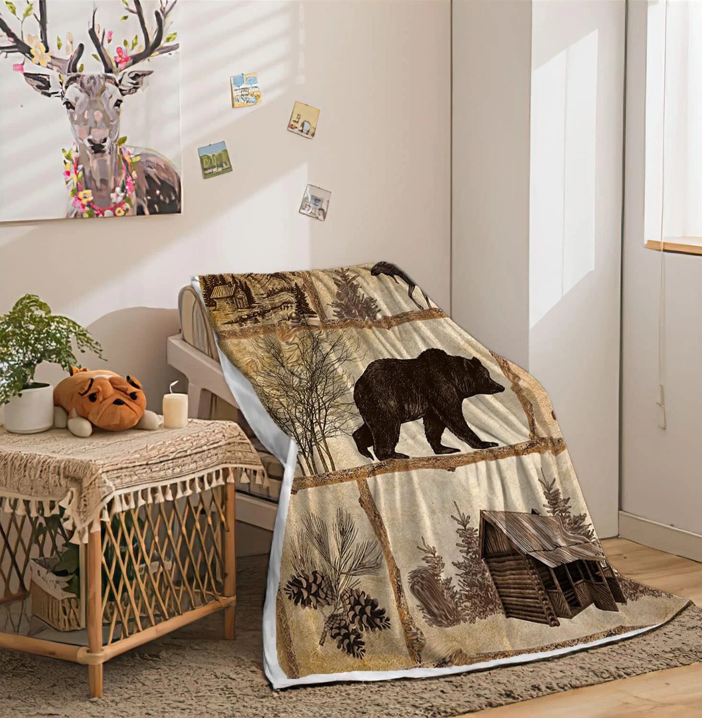 Rustic Bear Moose Cabin Art Blanket For Bear