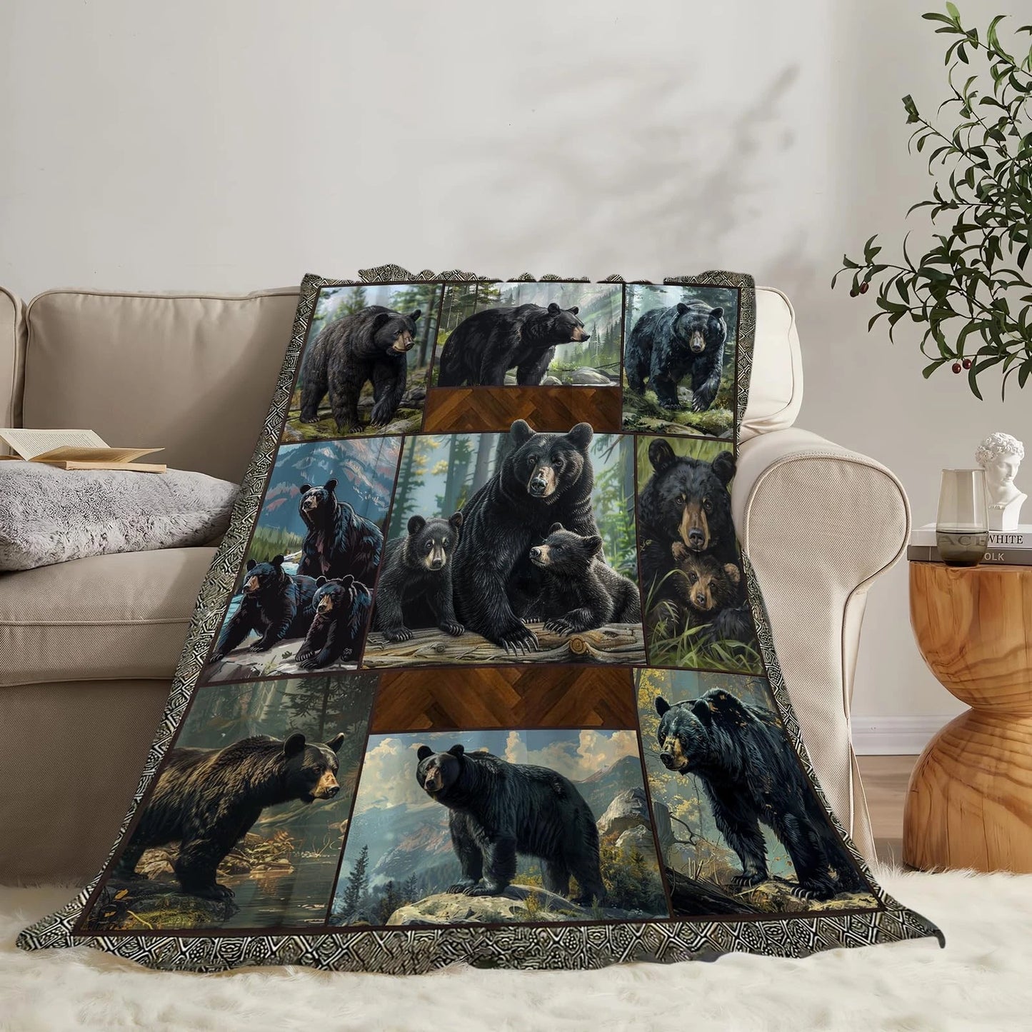 Black Bear Photo Collage Blanket Cabin