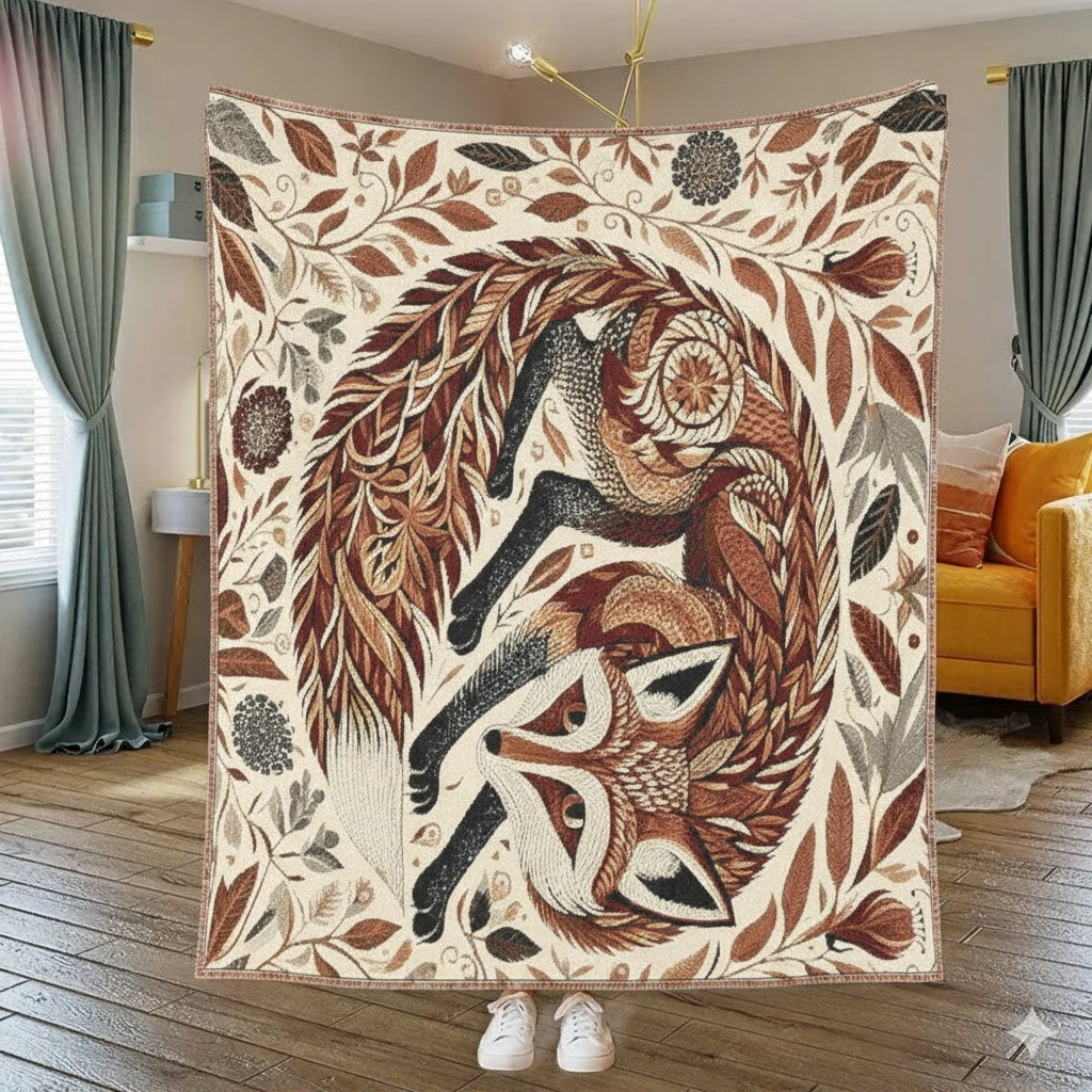 Cozy Fox Mandala Art Blanket, Brown Boho Throw