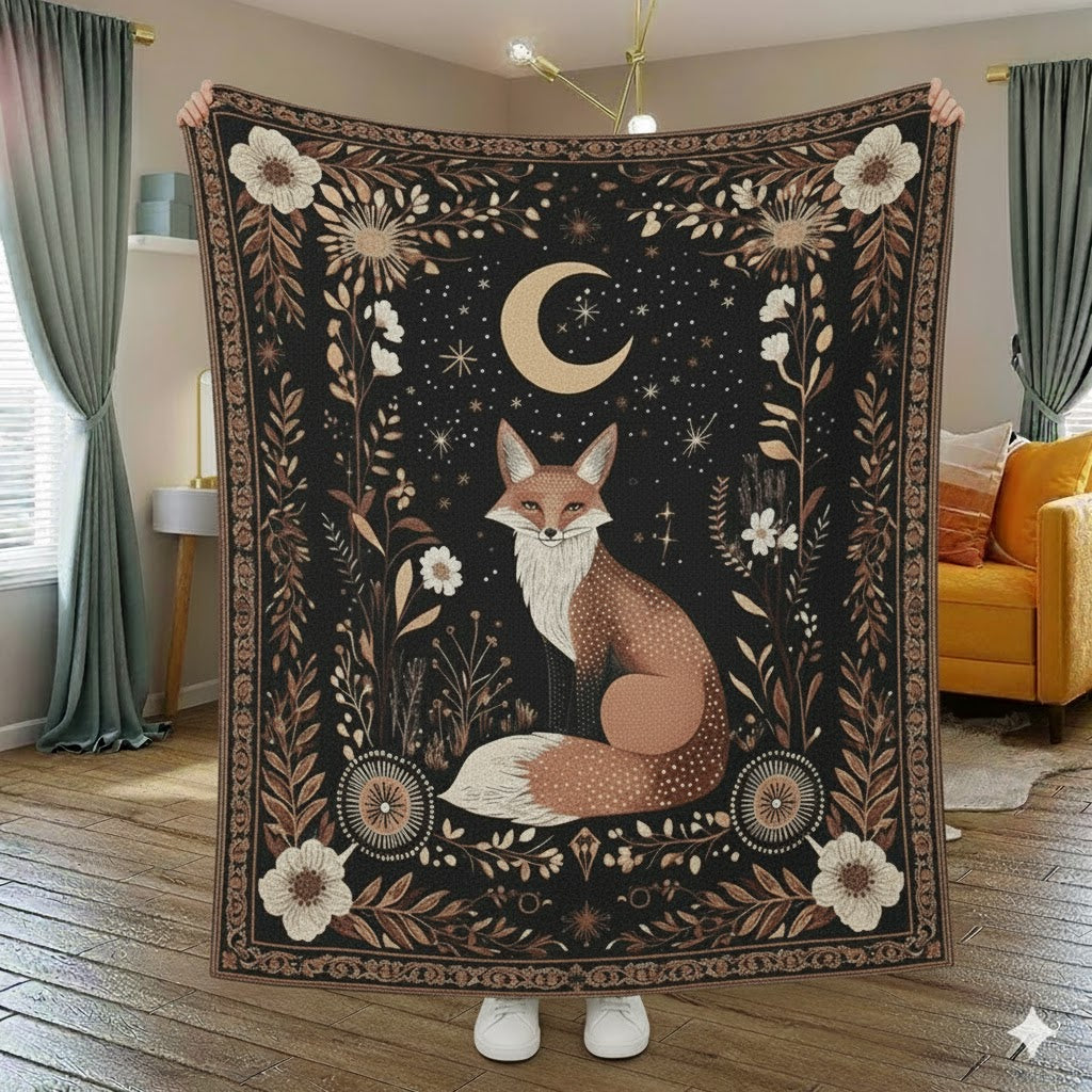 Celestial Fox Boho Quilt, Witchy Moon Throw