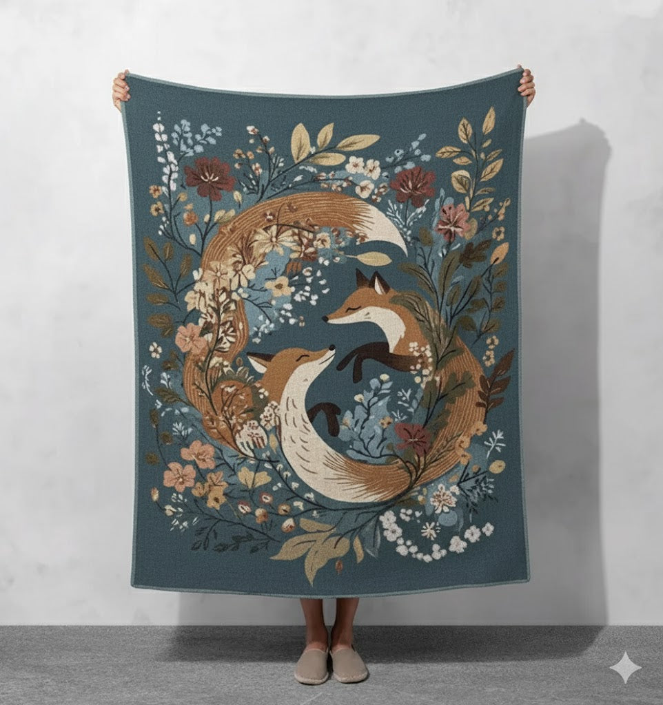 Fox Lovers Art Blanket, Floral Nature Throw