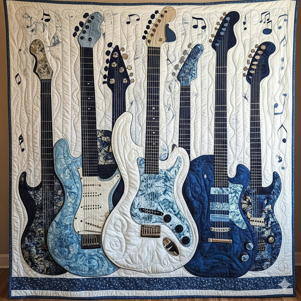 Blue Guitar Quilt, Electric Music Art Throw