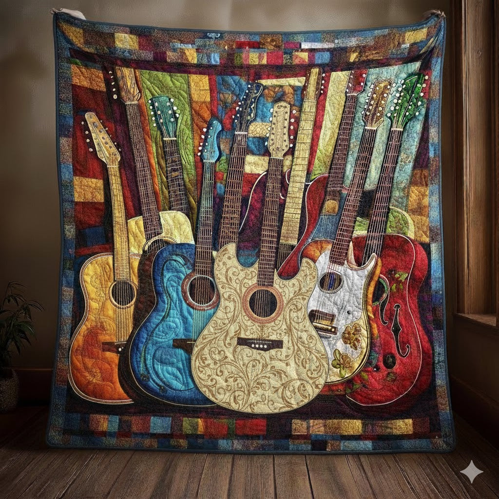 Acoustic Guitar Quilt, Colorful Folk Music Throw