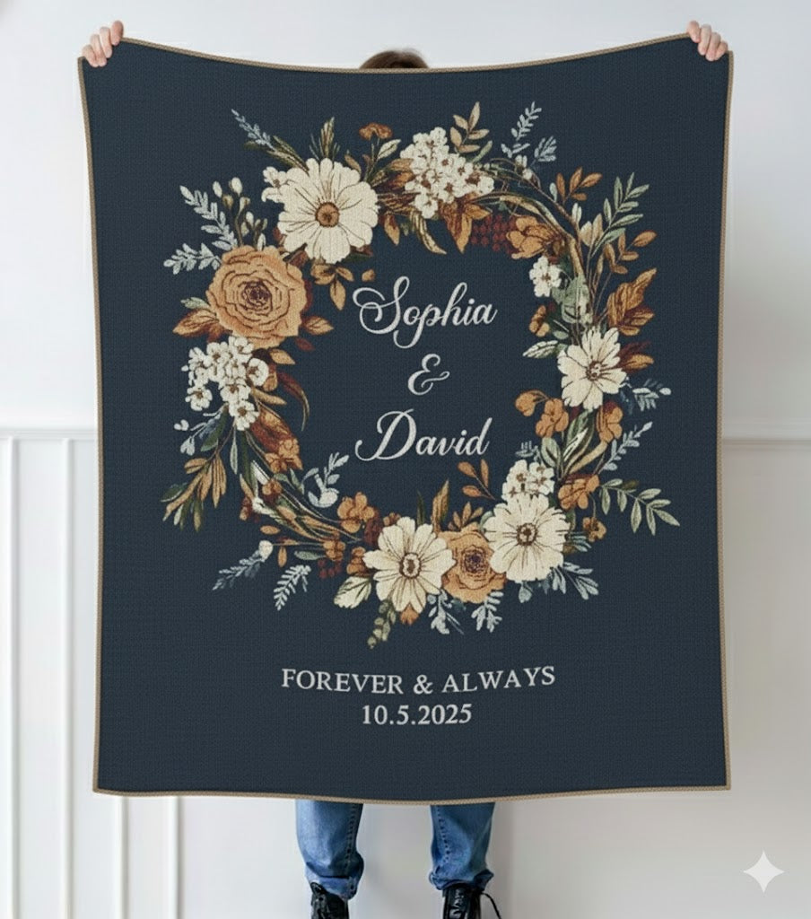 Personalized Wedding Blanket, Rustic Floral Name Wreath Gift