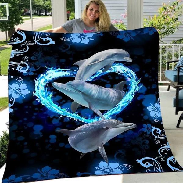 Dolphin Heart Quilt, Blue Neon Ocean Throw