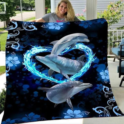 Dolphin Heart Quilt, Blue Neon Ocean Throw
