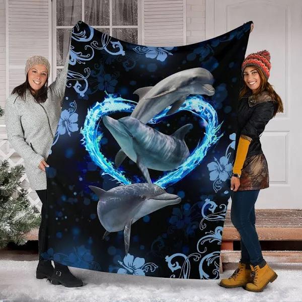 Dolphin Heart Quilt, Blue Neon Ocean Throw