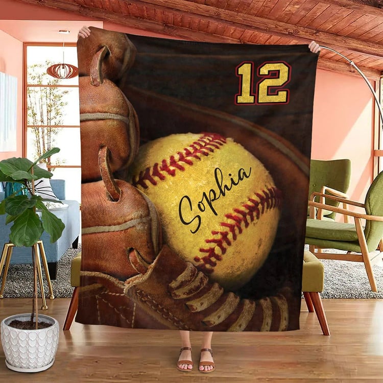 Personalized Name And Number Softball Blanket Gift For Daughter