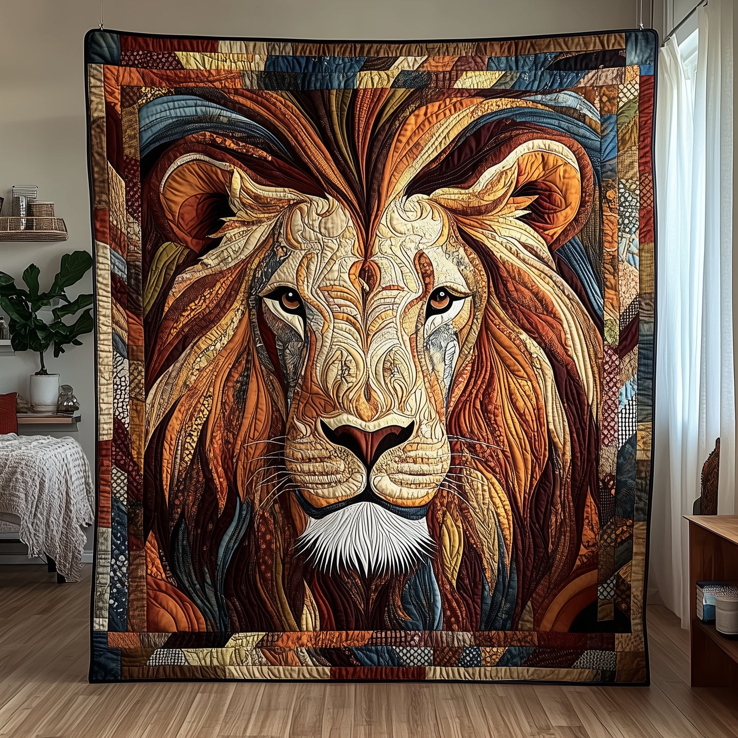 Lion Head Art Quilt, Earth Tone Patchwork Throw