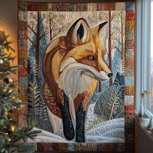 Winter Fox Quilt, Forest Nature Art Throw Blanket