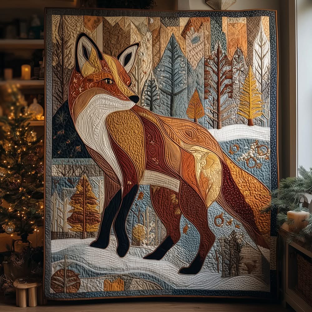 Fox Quilt Winter Forest Art Throw Blanket