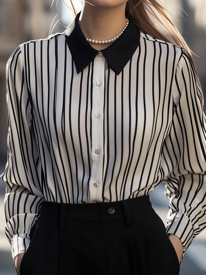 Black And White Vertical Stripe Button-Up Blouse
