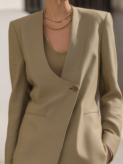 Asymmetric Button Blazer In Khaki