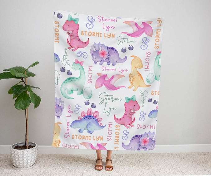Personalized Dinosaur Blanket, Baby Girl Blanket