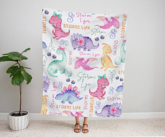 Personalized Dinosaur Blanket, Baby Girl Blanket