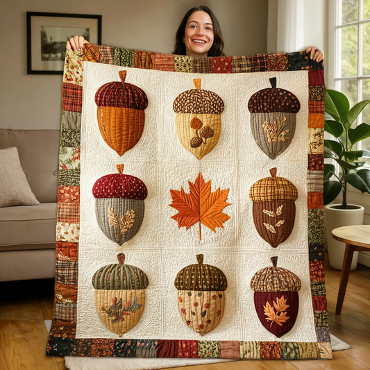 Autumn Acorn Quilt Blanket, Fall Leaf Patchwork Bed Throw