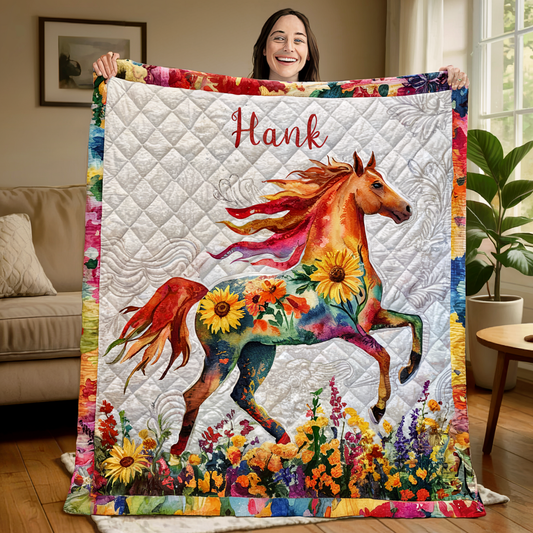 Horse Quilt, Personalized Watercolor Floral Blanket