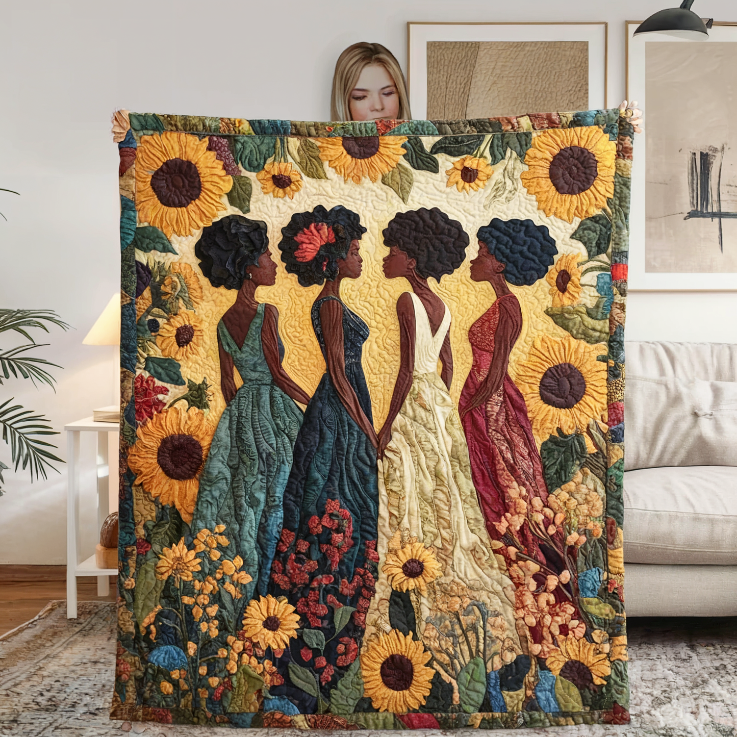 Black Women Sunflower Quilt, African American Art
