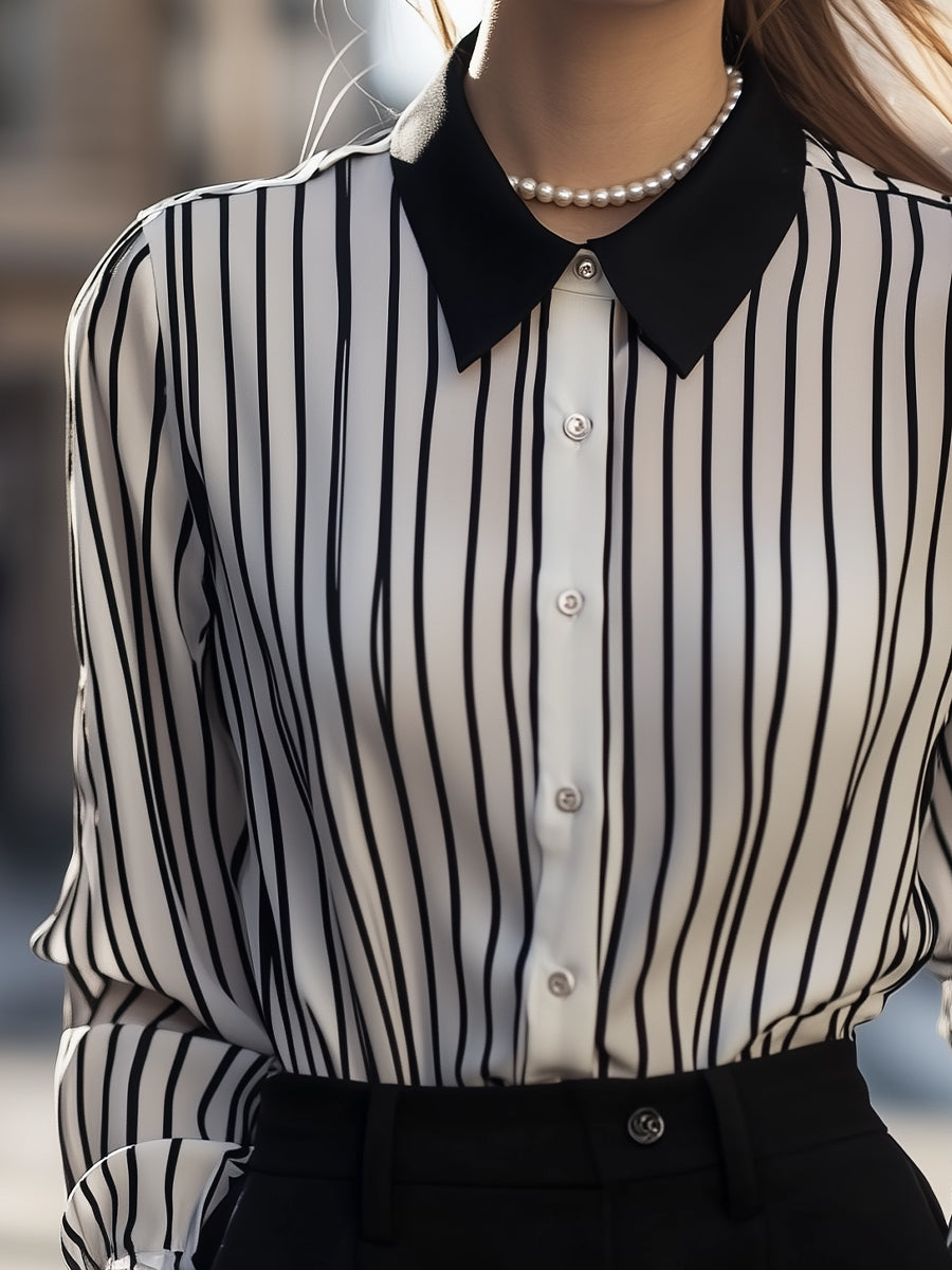 Black And White Vertical Stripe Button-Up Blouse