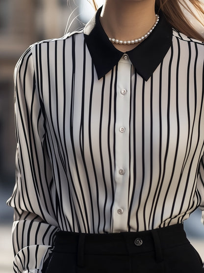 Black And White Vertical Stripe Button-Up Blouse