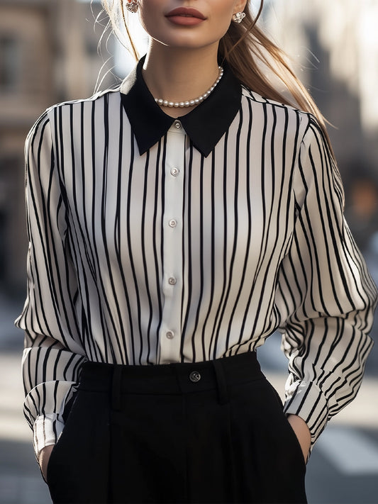 Black And White Vertical Stripe Button-Up Blouse