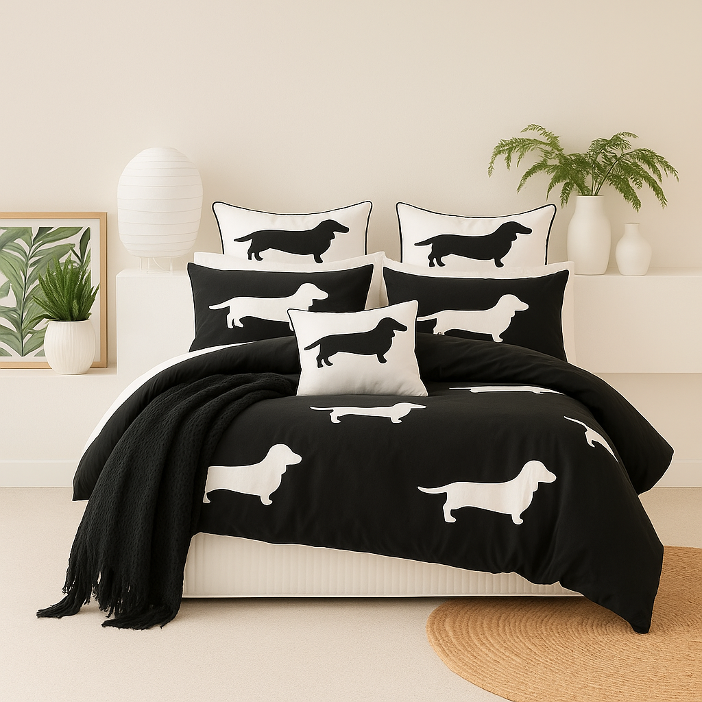 Dachshund Bedding Set, Black and White Dog Silhouette Pattern