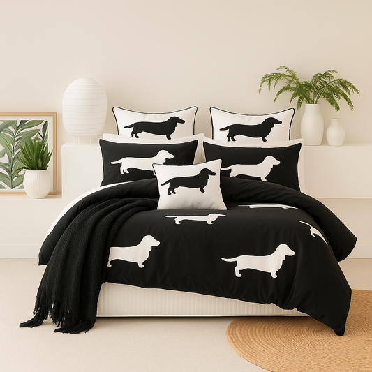 Dachshund Bedding Set, Black and White Dog Silhouette Pattern