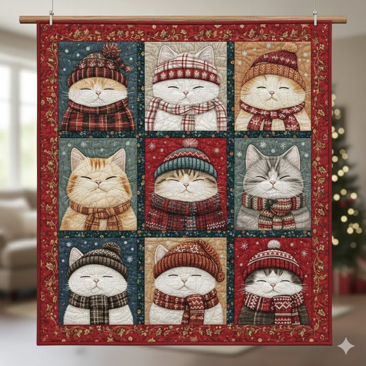 Christmas Cats Quilt, Winter Knit Scarf Kitty