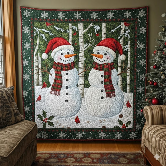Two Snowmen Quilt, Christmas Winter Birch Forest Decor