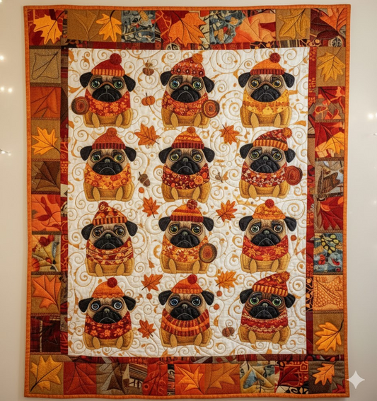 Cute Pug Dog Quilted, Autumn Fall Leaves Pet Gift