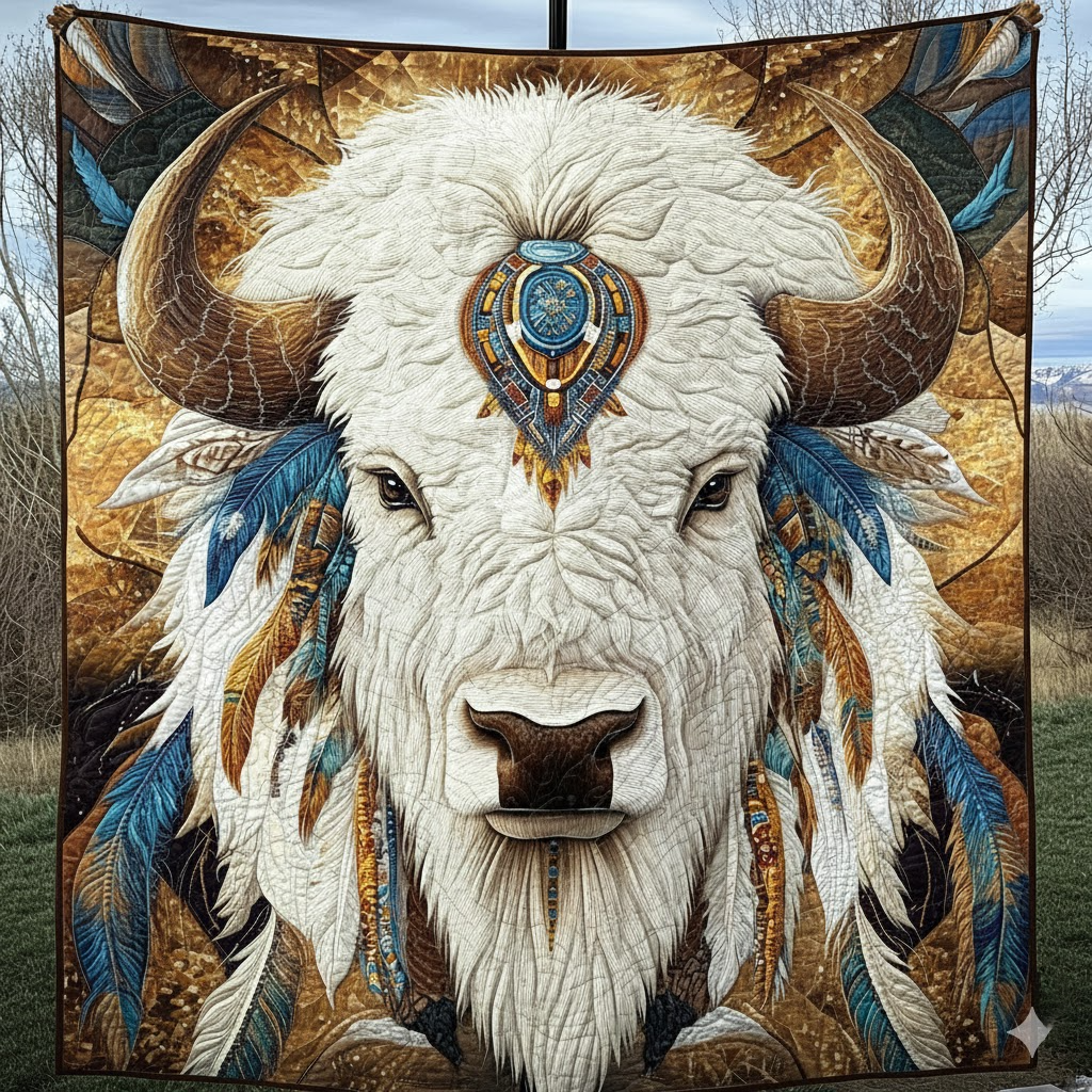 White Bison Quilt, Native American Buffalo Throw
